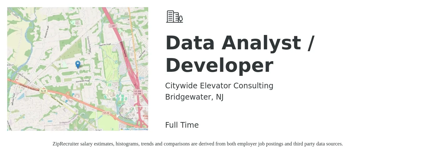 Citywide Elevator Consulting job posting for a Data Analyst / Developer in Bridgewater, NJ with a salary of $64,000 to $99,300 Yearly with a map of Bridgewater location.