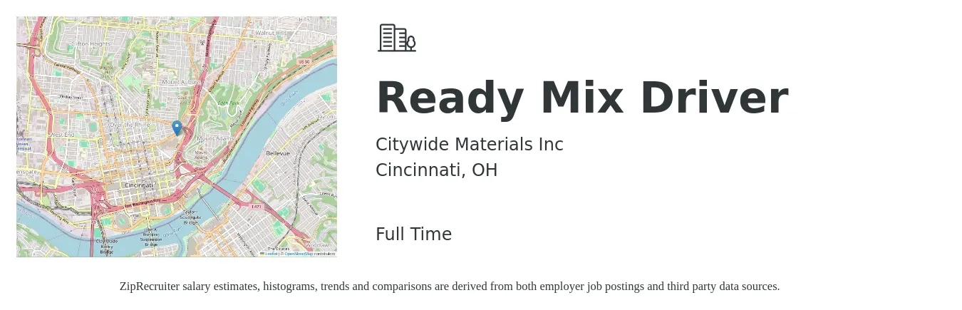 Citywide Materials Inc job posting for a Ready Mix Driver in Cincinnati, OH with a salary of $27 Hourly with a map of Cincinnati location.