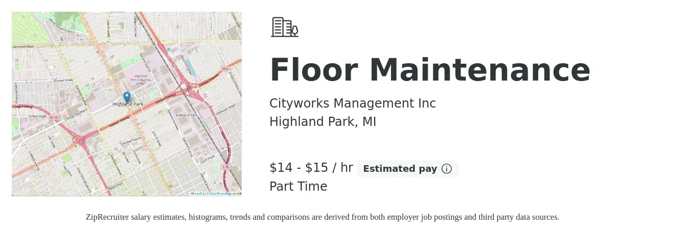 Cityworks Management Inc job posting for a Floor Maintenance in Highland Park, MI with a salary of $15 to $16 Hourly with a map of Highland Park location.