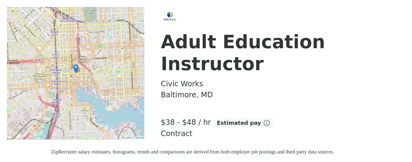 Civic Works job posting for a Adult Education Instructor in Baltimore, MD with a salary of $40 to $50 Hourly with a map of Baltimore location.