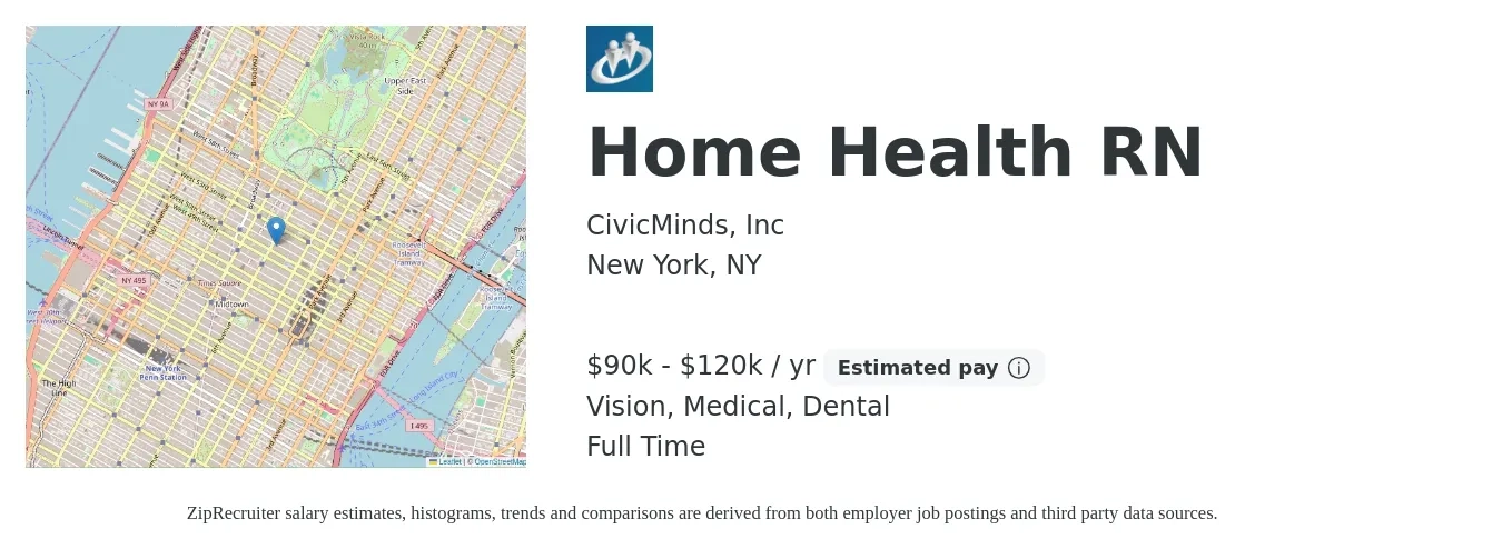 CivicMinds, Inc job posting for a Home Health RN in New York, NY with a salary of $100,000 to $120,000 Yearly and benefits including pto, vision, dental, life_insurance, and medical with a map of New York location.