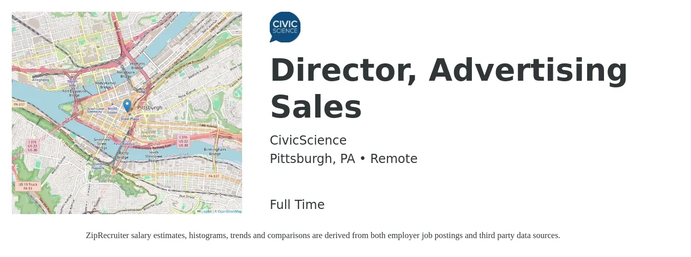 CivicScience job posting for a Director, Advertising Sales in Pittsburgh, PA with a salary of $88,800 to $169,900 Yearly with a map of Pittsburgh location.