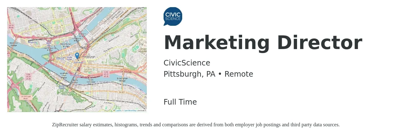 CivicScience job posting for a Marketing Director in Pittsburgh, PA with a salary of $69,400 to $127,700 Yearly with a map of Pittsburgh location.