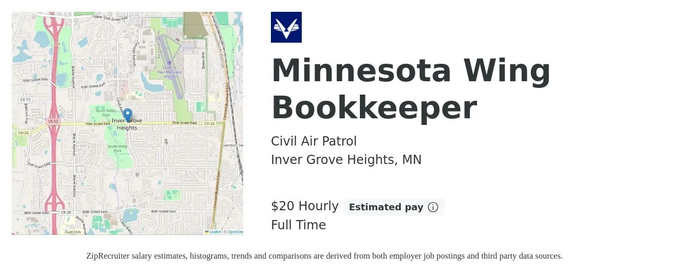 Civil Air Patrol job posting for a Minnesota Wing Bookkeeper in Inver Grove Heights, MN with a salary of $22 Hourly with a map of Inver Grove Heights location.