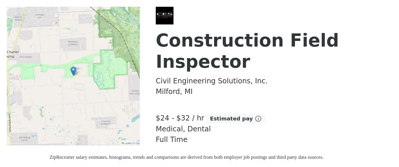 Civil Engineering Solutions, Inc. job posting for a Construction Field Inspector in Milford, MI with a salary of $25 to $34 Hourly and benefits including dental, medical, pto, and retirement with a map of Milford location.