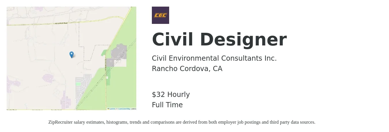 Civil Environmental Consultants Inc. job posting for a Civil Designer in Rancho Cordova, CA with a salary of $28 to $42 Hourly with a map of Rancho Cordova location.