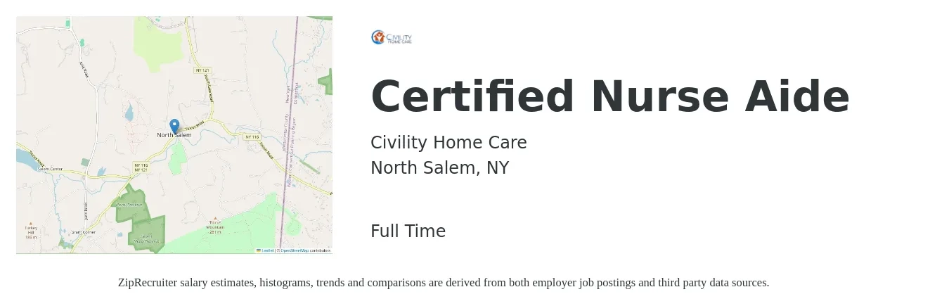 Civility Home Care job posting for a Certified Nurse Aide in North Salem, NY with a salary of $17 to $24 Hourly with a map of North Salem location.