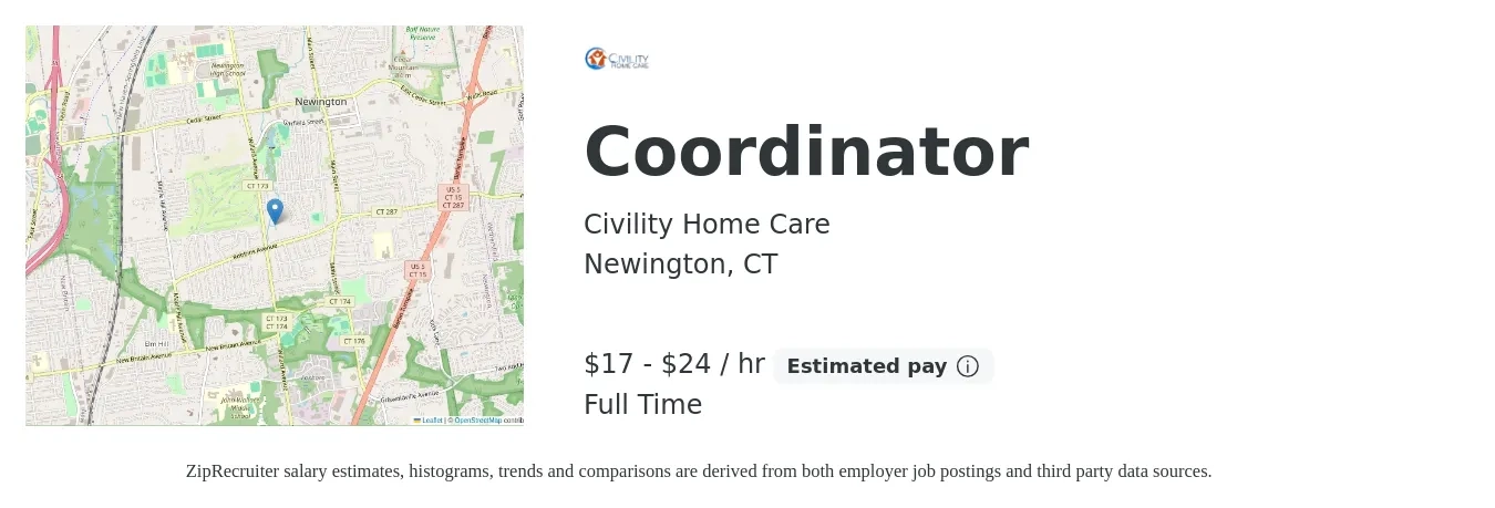 Civility Home Care job posting for a Coordinator in Newington, CT with a salary of $18 to $25 Hourly with a map of Newington location.