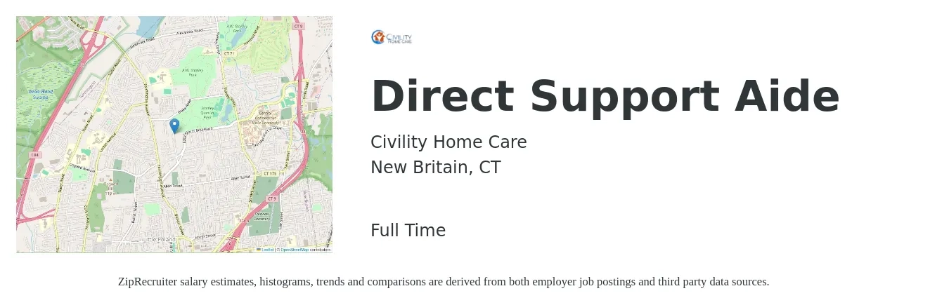 Civility Home Care job posting for a Direct Support Aide in New Britain, CT with a salary of $14 to $18 Hourly with a map of New Britain location.