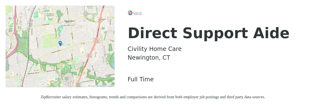 Civility Home Care job posting for a Direct Support Aide in Newington, CT with a salary of $14 to $18 Hourly with a map of Newington location.