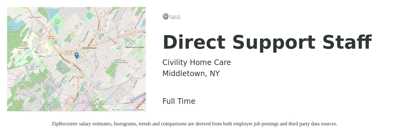 Civility Home Care job posting for a Direct Support Staff in Middletown, NY with a salary of $16 to $18 Hourly with a map of Middletown location.