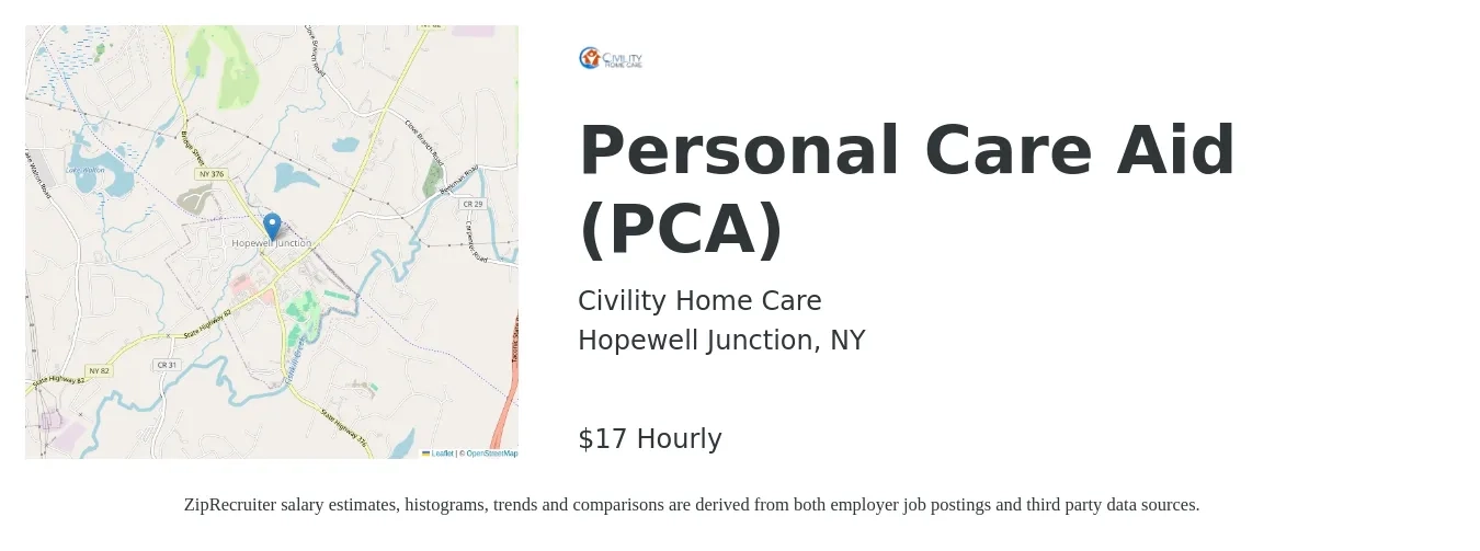 Civility Home Care job posting for a Personal Care Aid (PCA) in Hopewell Junction, NY with a salary of $18 Hourly with a map of Hopewell Junction location.