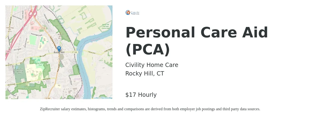 Civility Home Care job posting for a Personal Care Aid (PCA) in Rocky Hill, CT with a salary of $18 Hourly with a map of Rocky Hill location.