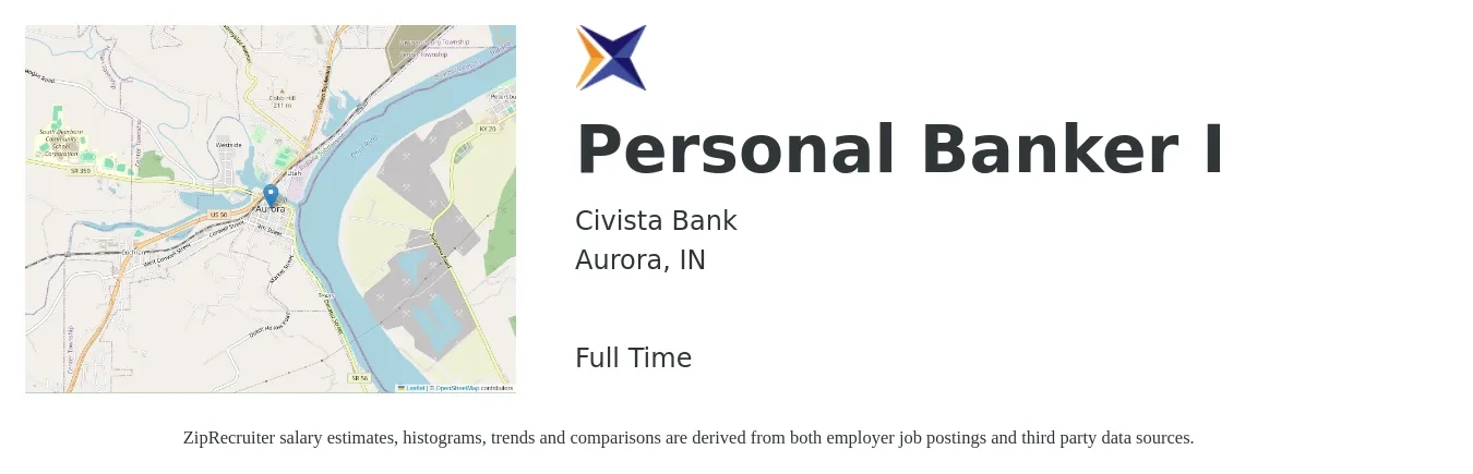 Civista Bank job posting for a Personal Banker I in Aurora, IN with a salary of $18 to $21 Hourly with a map of Aurora location.