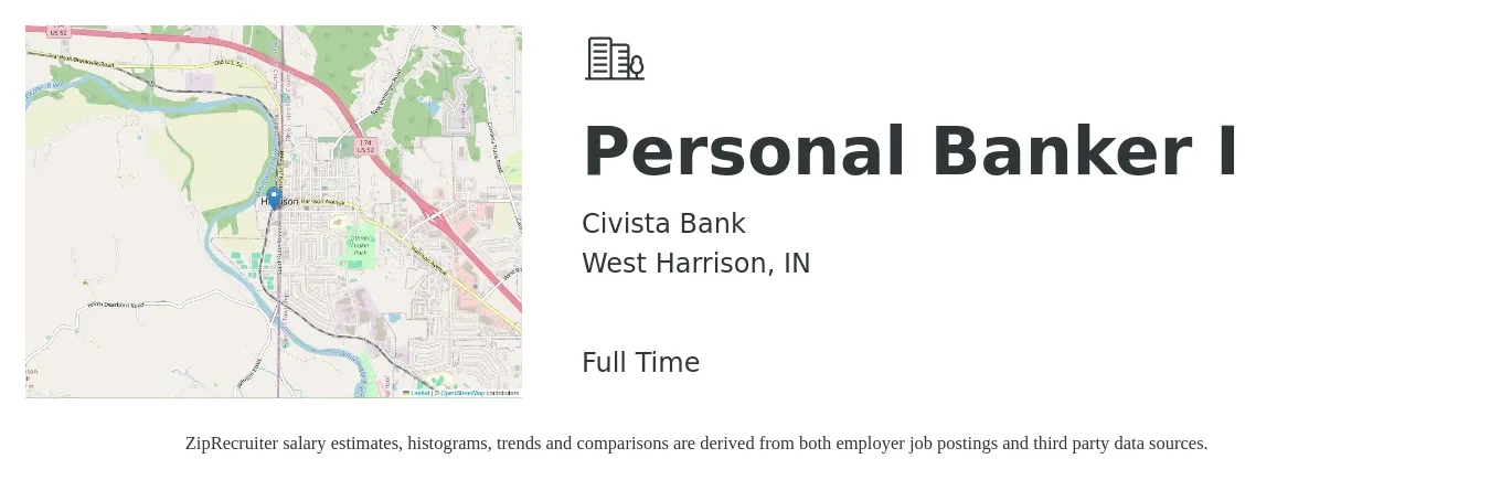 Civista Bank job posting for a Personal Banker I in West Harrison, IN with a salary of $18 to $22 Hourly with a map of West Harrison location.