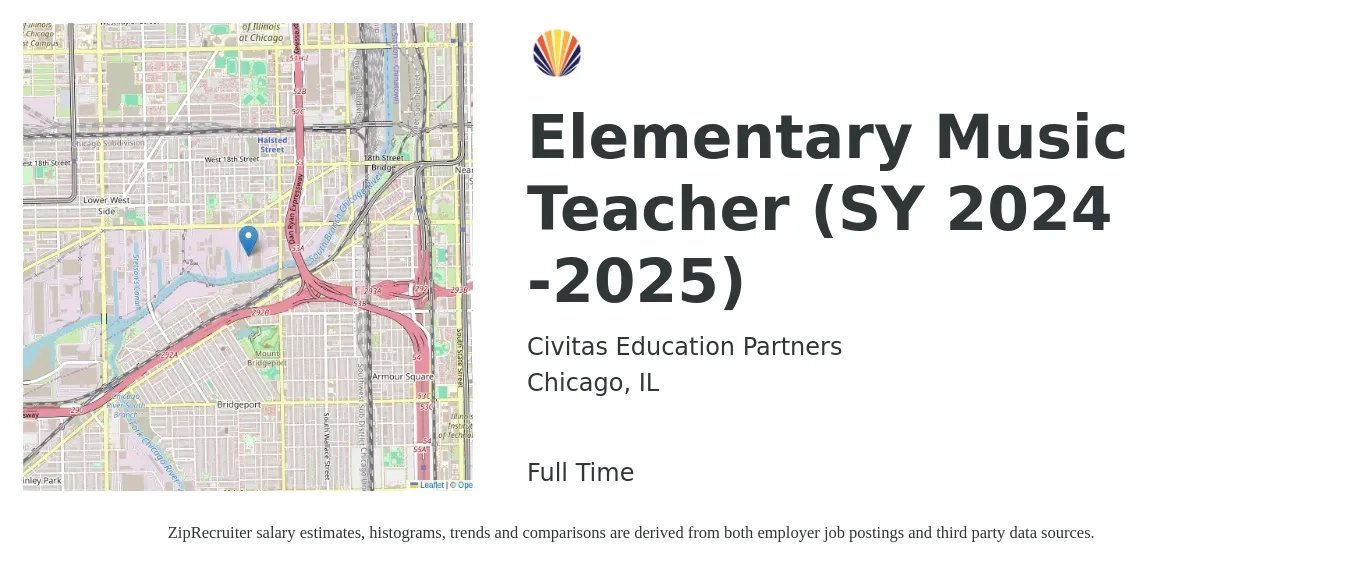 Civitas Education Partners job posting for a Elementary Music Teacher (SY 2024 -2025) in Chicago, IL with a salary of $45,900 to $61,900 Yearly with a map of Chicago location.