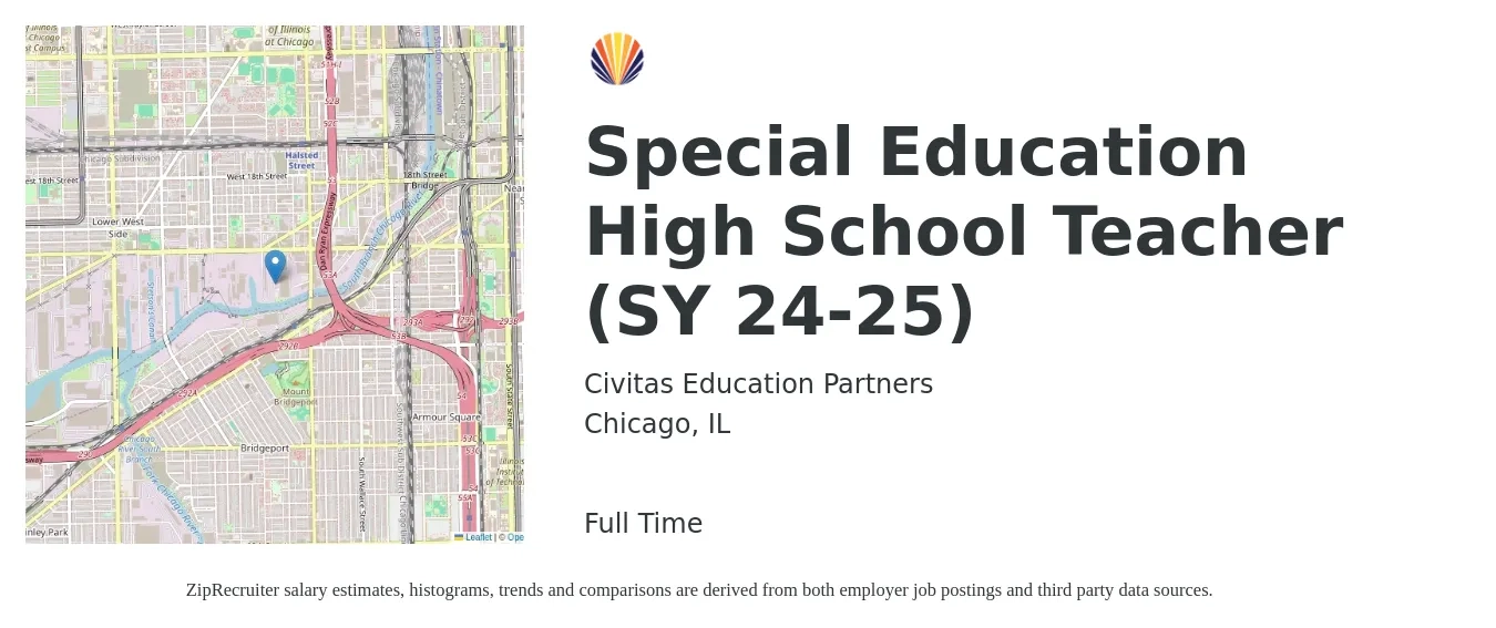Civitas Education Partners job posting for a Special Education High School Teacher (SY 24-25) in Chicago, IL with a salary of $47,000 to $65,200 Yearly with a map of Chicago location.