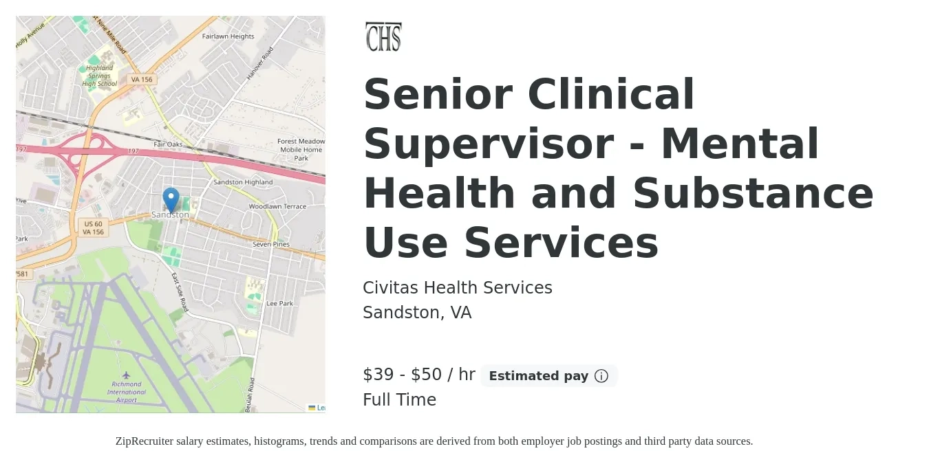 Civitas Health Services job posting for a Senior Clinical Supervisor - Mental Health and Substance Use Services in Sandston, VA with a salary of $86,250 to $108,468 Yearly with a map of Sandston location.