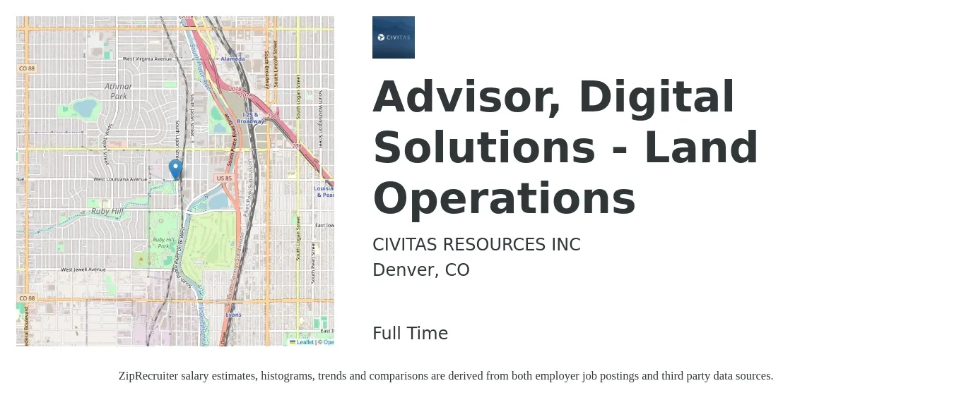 CIVITAS RESOURCES INC job posting for a Advisor, Digital Solutions - Land Operations in Denver, CO with a salary of $20 to $24 Hourly with a map of Denver location.