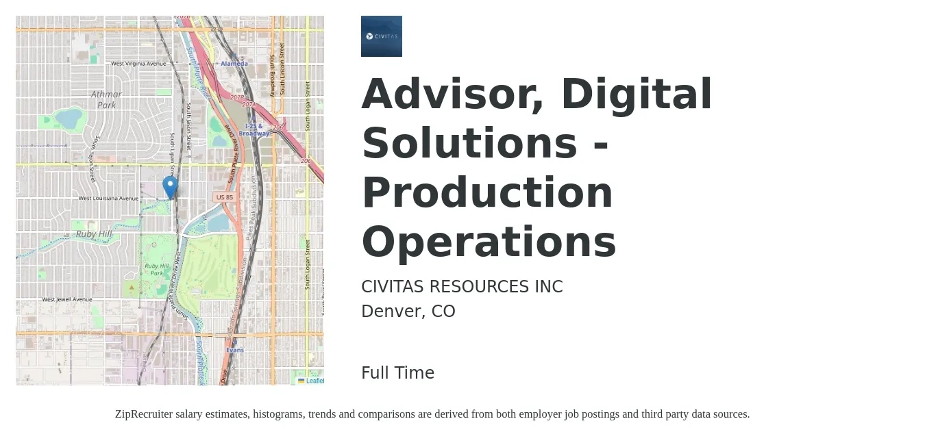 CIVITAS RESOURCES INC job posting for a Advisor, Digital Solutions - Production Operations in Denver, CO with a salary of $42 to $61 Hourly with a map of Denver location.