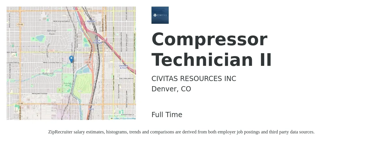 CIVITAS RESOURCES INC job posting for a Compressor Technician II in Denver, CO with a salary of $23 to $42 Hourly with a map of Denver location.