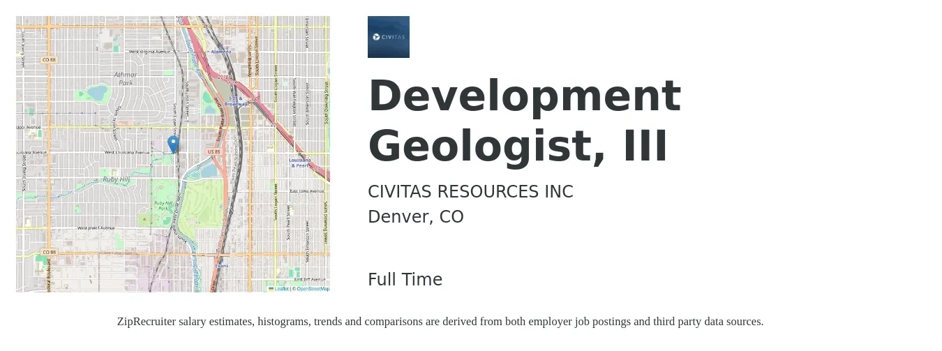 CIVITAS RESOURCES INC job posting for a Development Geologist, III in Denver, CO with a map of Denver location.
