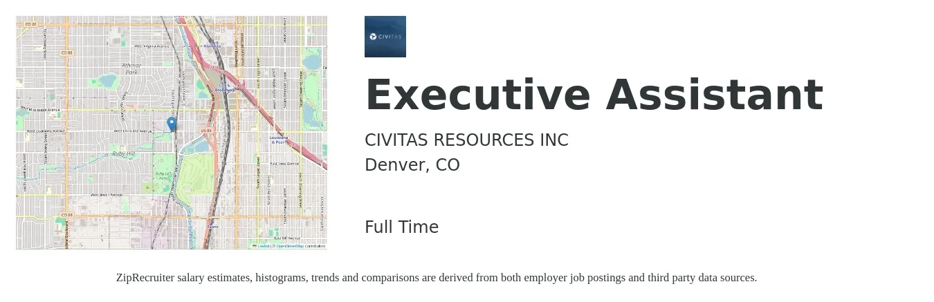 CIVITAS RESOURCES INC job posting for a Executive Assistant in Denver, CO with a salary of $51,500 to $77,200 Yearly with a map of Denver location.