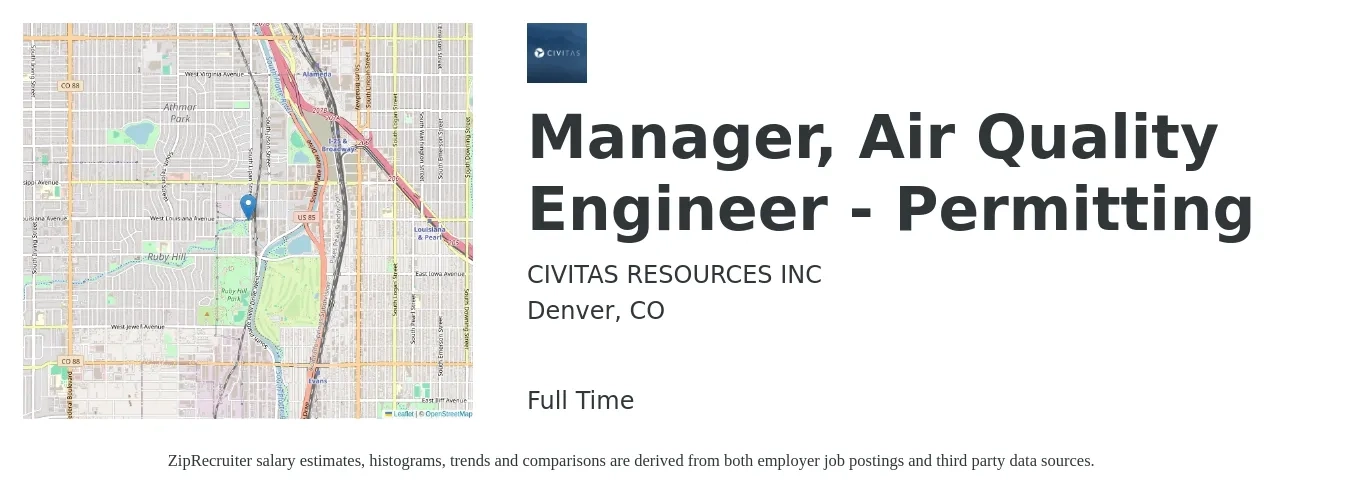 CIVITAS RESOURCES INC job posting for a Manager, Air Quality Engineer - Permitting in Denver, CO with a salary of $55,100 to $96,200 Yearly with a map of Denver location.