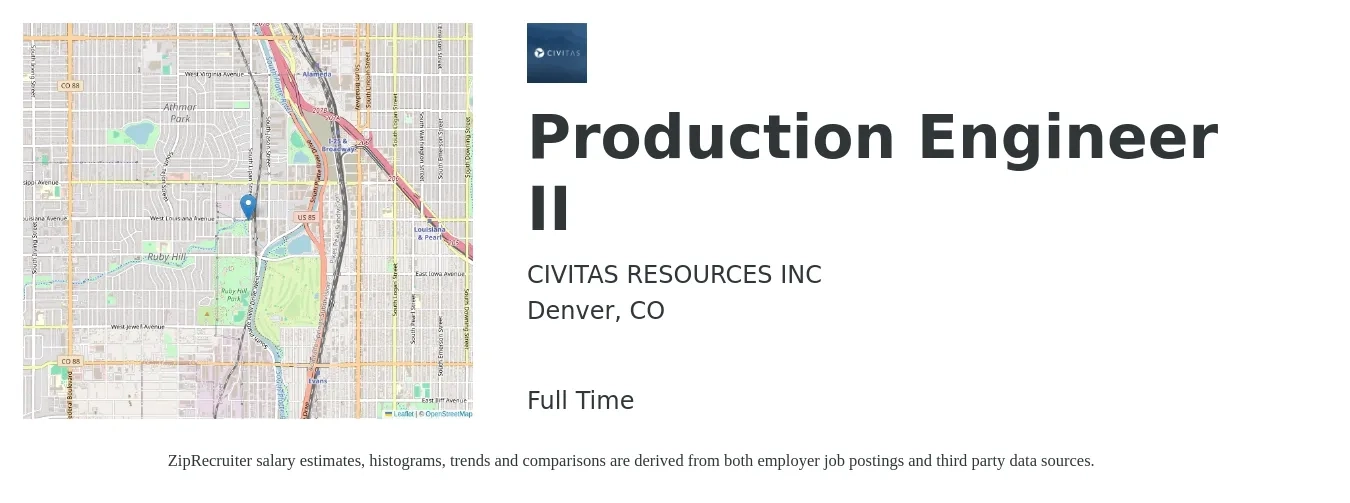 CIVITAS RESOURCES INC job posting for a Production Engineer II in Denver, CO with a salary of $147,200 Yearly with a map of Denver location.