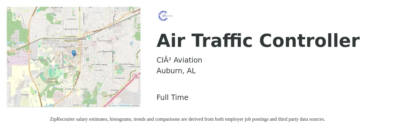 CI² Aviation job posting for a Air Traffic Controller in Auburn, AL with a salary of $16 to $24 Hourly with a map of Auburn location.