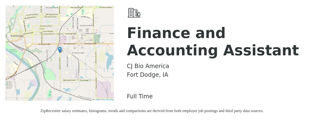 CJ Bio America job posting for a Finance and Accounting Assistant in Fort Dodge, IA with a salary of $19 to $25 Hourly with a map of Fort Dodge location.