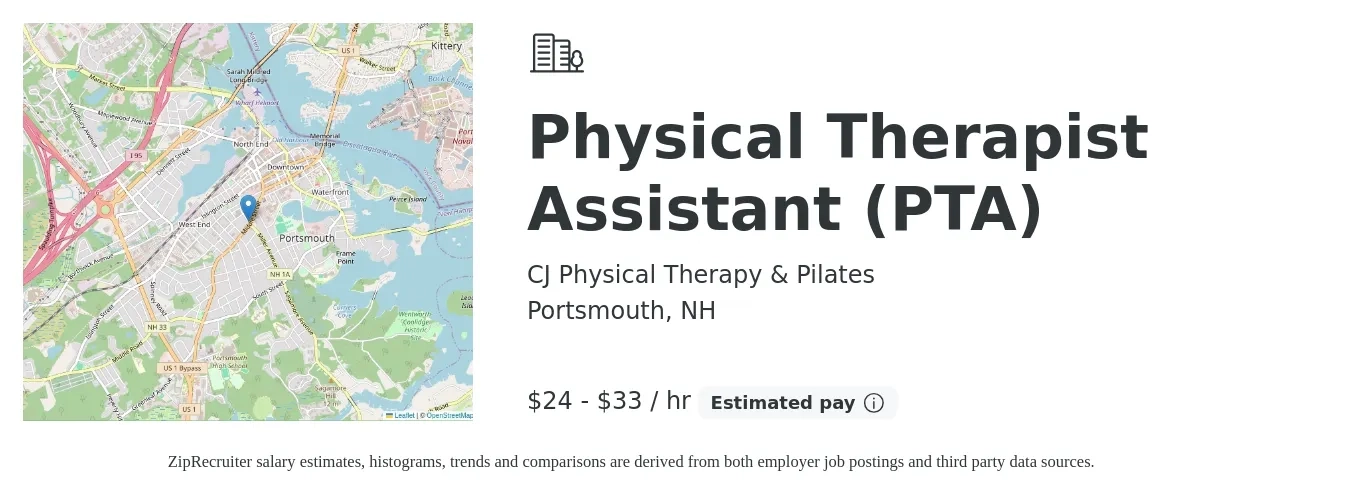CJ Physical Therapy & Pilates job posting for a Physical Therapist Assistant (PTA) in Portsmouth, NH with a salary of $25 to $35 Hourly with a map of Portsmouth location.