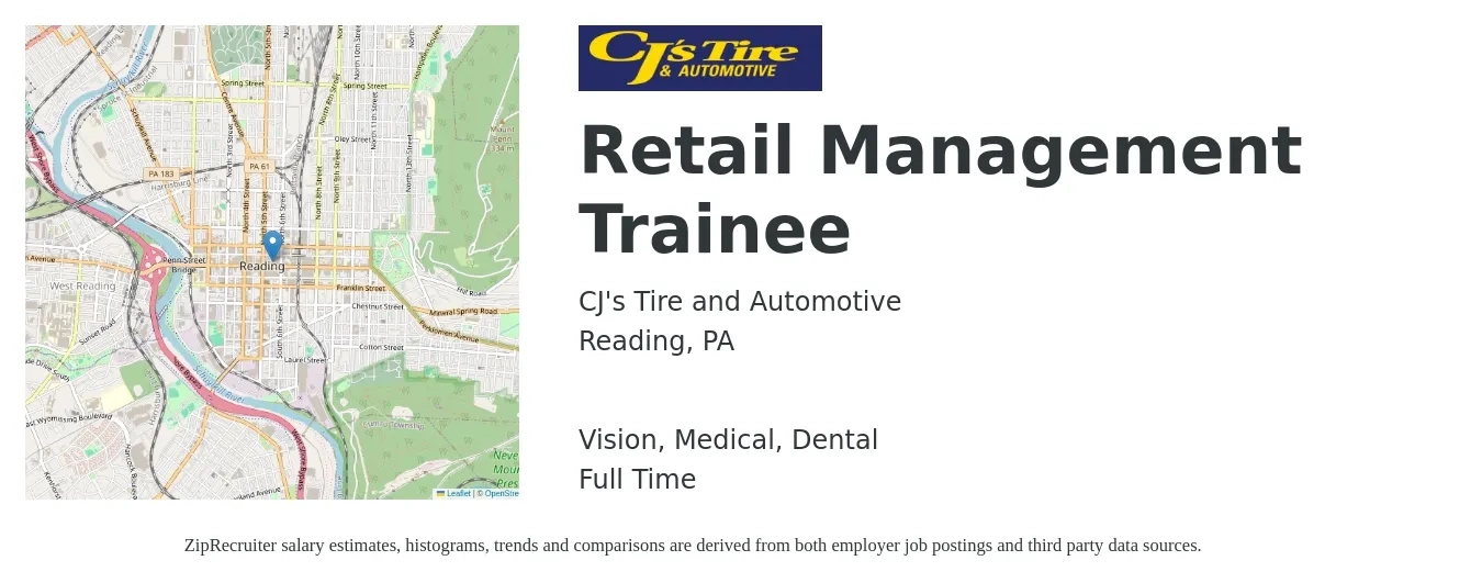 CJ's Tire and Automotive job posting for a Retail Management Trainee in Reading, PA with a salary of $19 to $22 Hourly and benefits including pto, retirement, vision, dental, life_insurance, and medical with a map of Reading location.