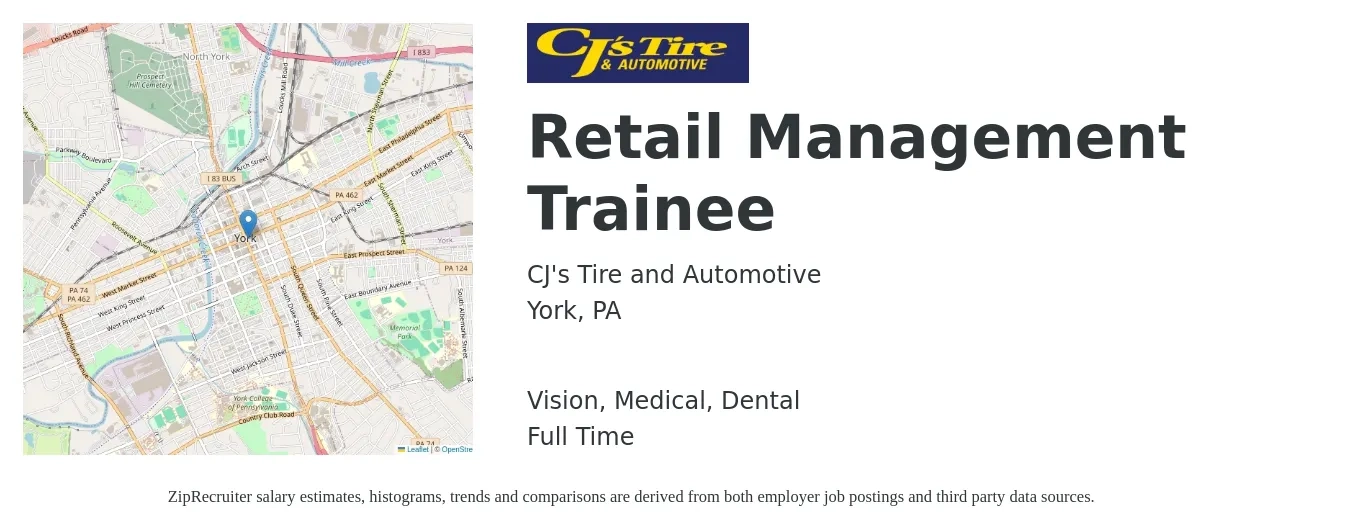 CJ's Tire and Automotive job posting for a Retail Management Trainee in York, PA with a salary of $19 to $23 Hourly and benefits including retirement, vision, dental, life_insurance, medical, and pto with a map of York location.