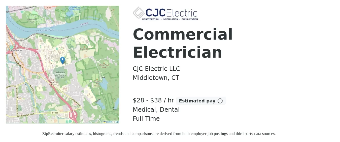 CJC Electric LLC job posting for a Commercial Electrician in Middletown, CT with a salary of $30 to $40 Hourly and benefits including retirement, dental, life_insurance, and medical with a map of Middletown location.