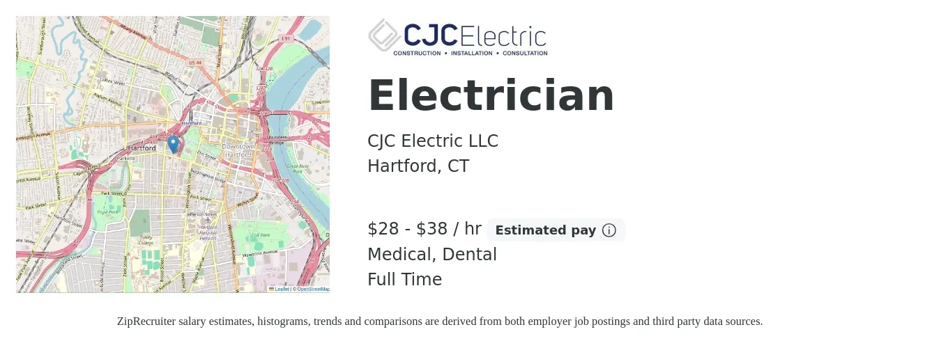 CJC Electric LLC job posting for a Electrician in Hartford, CT with a salary of $30 to $40 Hourly and benefits including life_insurance, medical, retirement, and dental with a map of Hartford location.