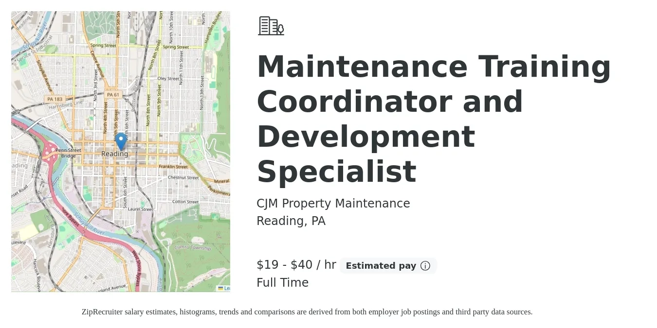 CJM Property Maintenance job posting for a Maintenance Training Coordinator and Development Specialist in Reading, PA with a salary of $20 to $42 Hourly with a map of Reading location.