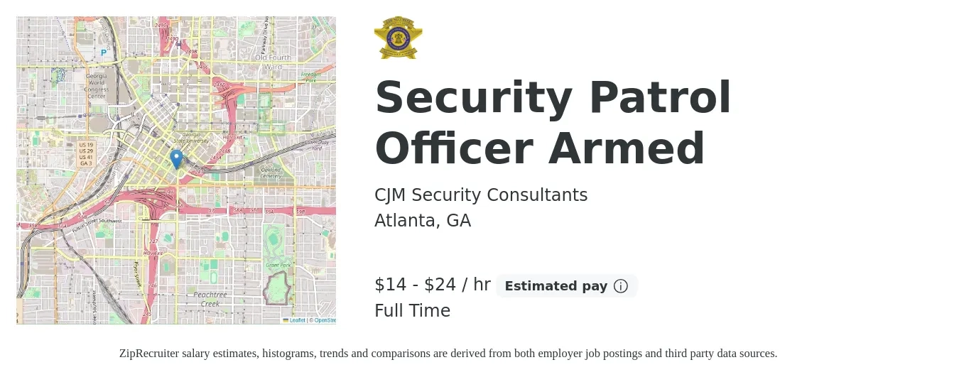 CJM Security Consultants job posting for a Security Patrol Officer Armed in Atlanta, GA with a salary of $15 to $25 Hourly with a map of Atlanta location.