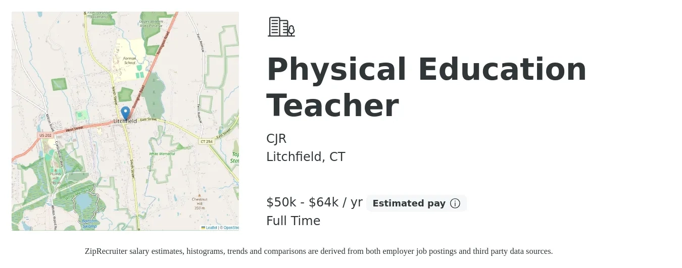 CJR job posting for a Physical Education Teacher in Litchfield, CT with a salary of $50,000 to $64,000 Yearly with a map of Litchfield location.