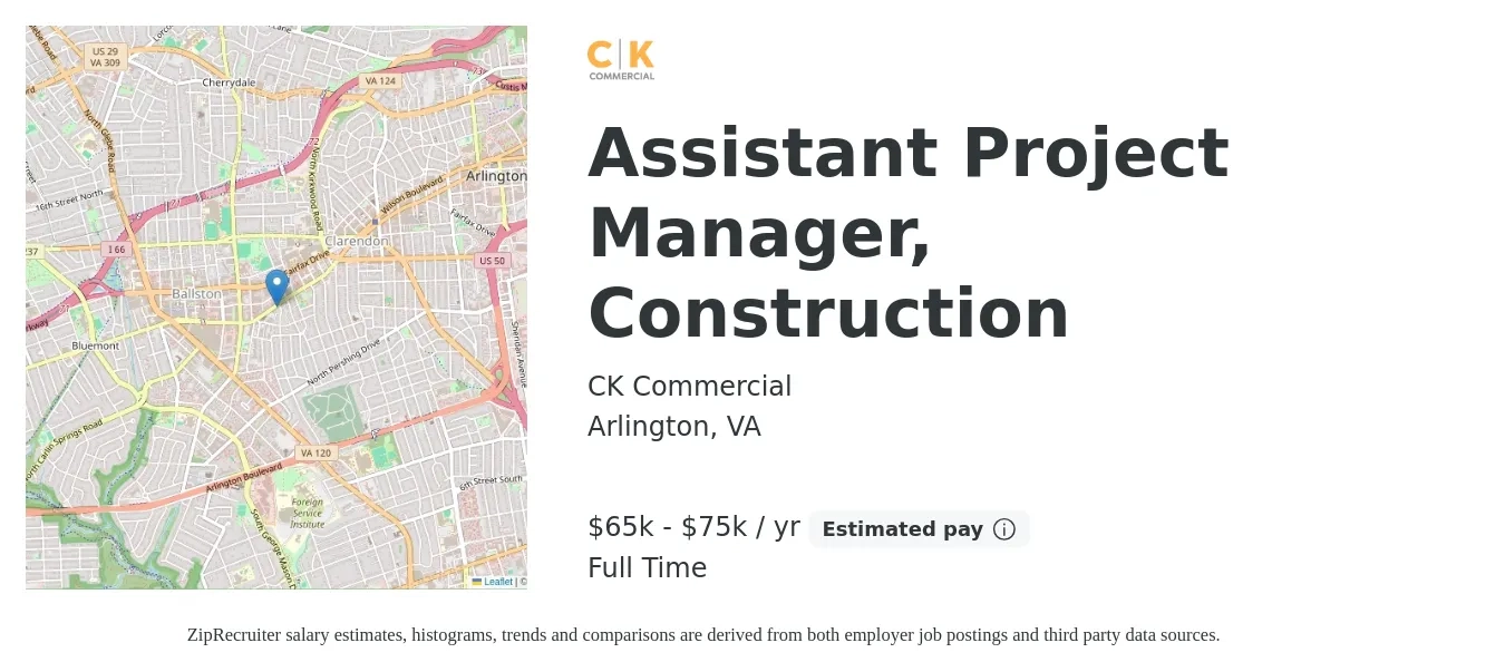 CK Commercial job posting for a Assistant Project Manager, Construction in Arlington, VA with a salary of $65,000 to $75,000 Yearly with a map of Arlington location.