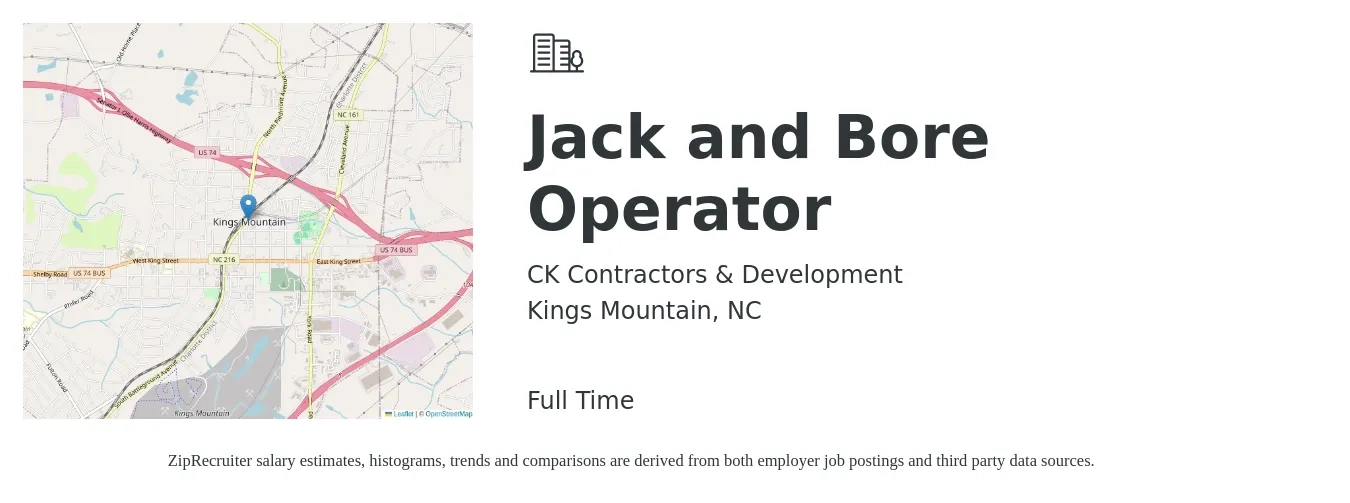 CK Contractors & Development job posting for a Jack and Bore Operator in Kings Mountain, NC with a salary of $44,900 to $59,400 Yearly with a map of Kings Mountain location.