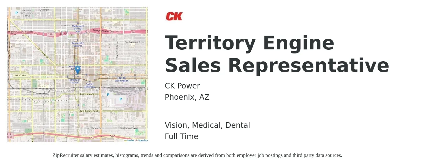 CK Power job posting for a Territory Engine Sales Representative in Phoenix, AZ with a salary of $49,600 to $82,400 Yearly and benefits including retirement, vision, dental, life_insurance, and medical with a map of Phoenix location.