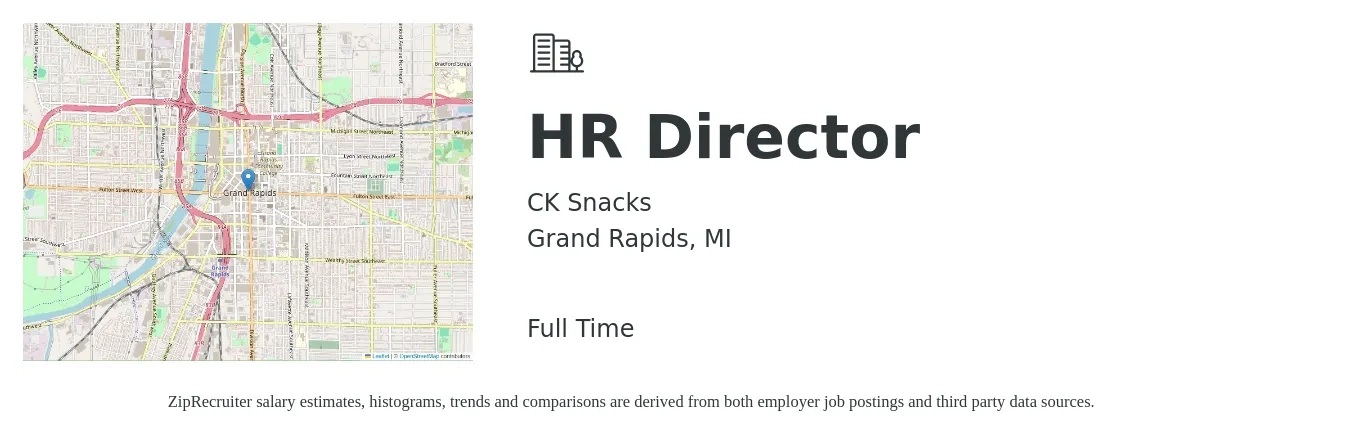 CK Snacks job posting for a HR Director in Grand Rapids, MI with a salary of $85,000 to $131,100 Yearly with a map of Grand Rapids location.