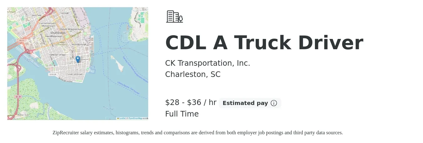 CK Transportation, Inc. job posting for a CDL A Truck Driver in Charleston, SC with a salary of $30 to $38 Hourly with a map of Charleston location.