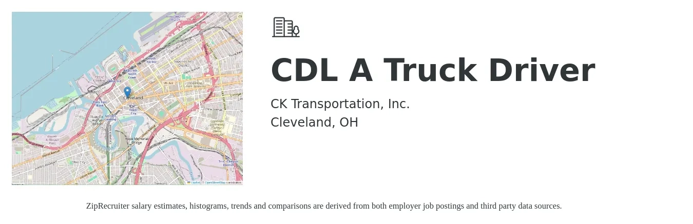 CK Transportation, Inc. job posting for a CDL A Truck Driver in Cleveland, OH with a salary of $1,100 to $1,300 Weekly with a map of Cleveland location.