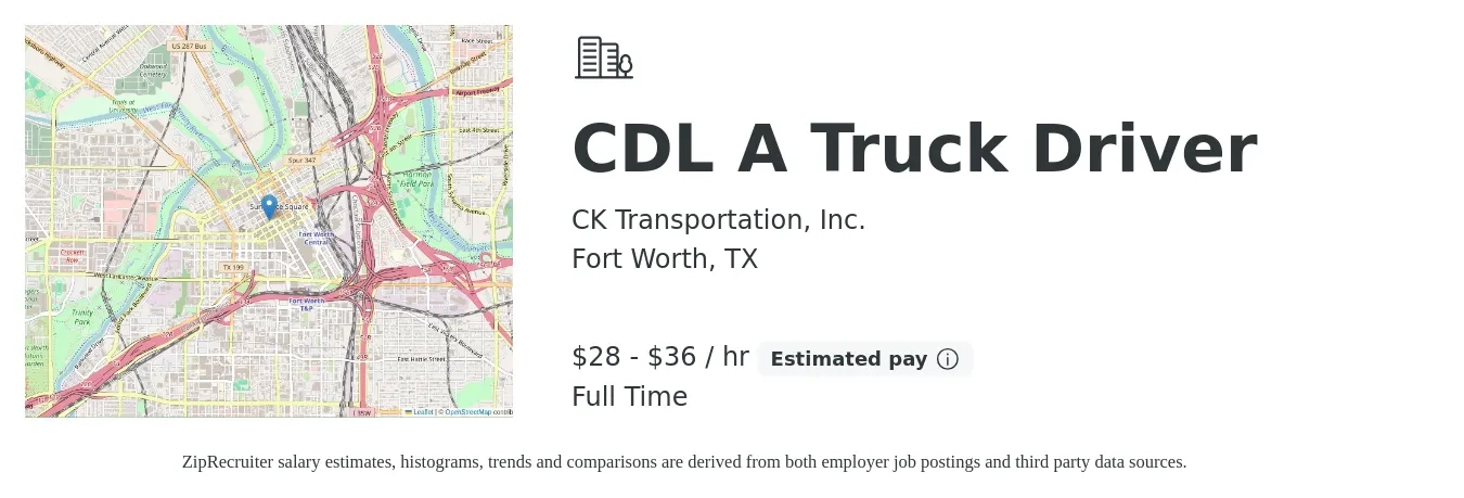 CK Transportation, Inc. job posting for a CDL A Truck Driver in Fort Worth, TX with a salary of $1,200 to $1,500 Weekly with a map of Fort Worth location.