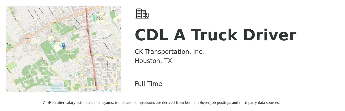 CK Transportation, Inc. job posting for a CDL A Truck Driver in Houston, TX with a salary of $1,200 to $1,500 Weekly with a map of Houston location.
