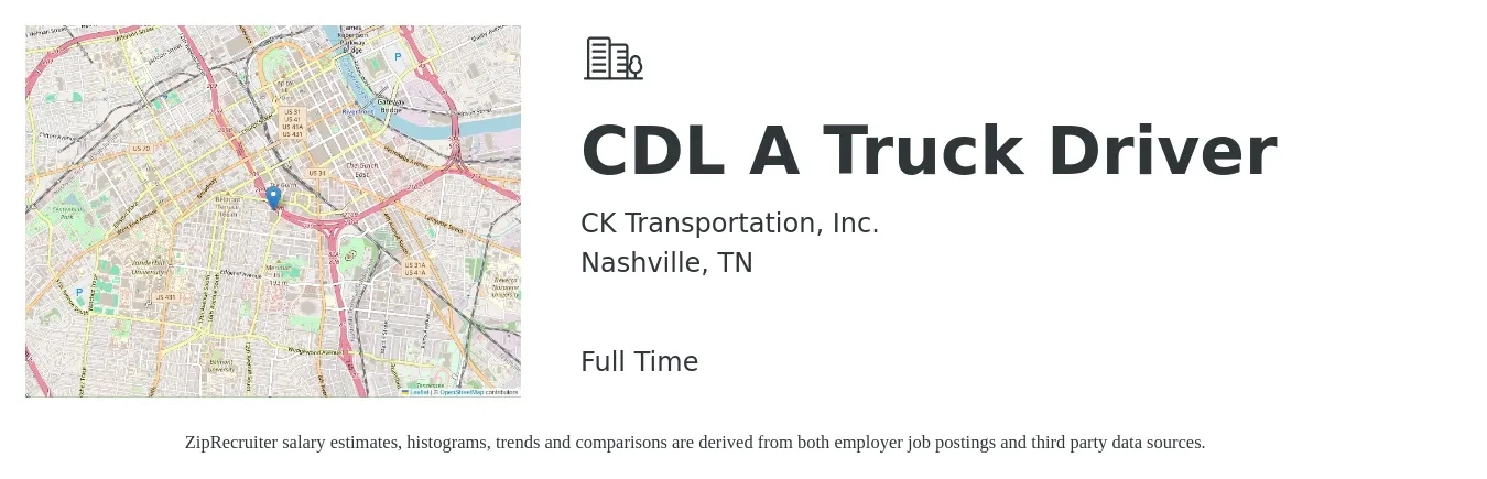 CK Transportation, Inc. job posting for a CDL A Truck Driver in Nashville, TN with a salary of $1,200 to $1,500 Weekly with a map of Nashville location.