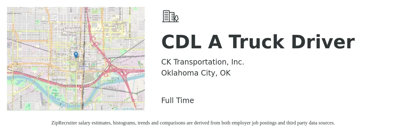 CK Transportation, Inc. job posting for a CDL A Truck Driver in Oklahoma City, OK with a salary of $1,200 to $1,500 Weekly with a map of Oklahoma City location.