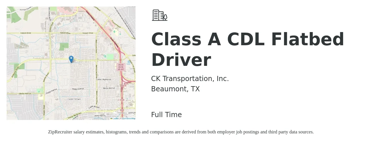 CK Transportation, Inc. job posting for a Class A CDL Flatbed Driver in Beaumont, TX with a salary of $1,400 Weekly with a map of Beaumont location.